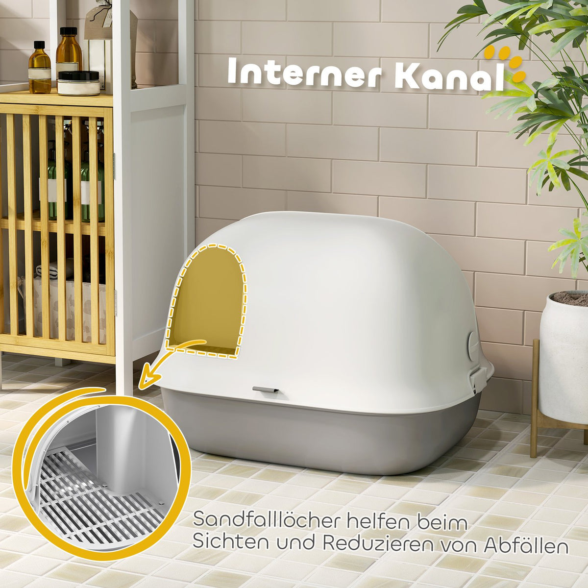 Cat toilet with lid, cat litter box with sieve, door, scoop, closed cat toilet house for small cats under 3.5 kg, indoor, plastic, light grey