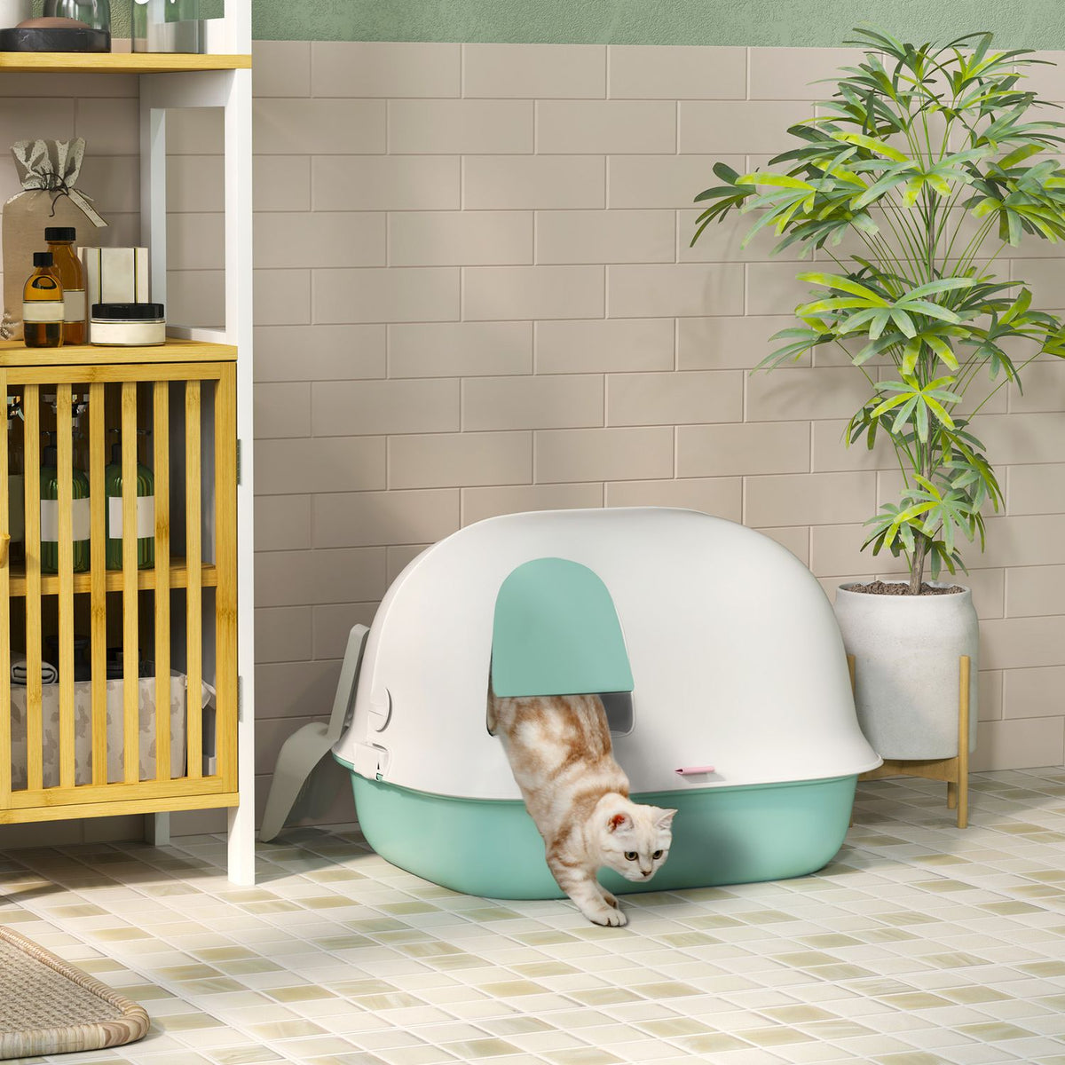 Cat toilet with lid, cat litter box with sieve, door, shovel, closed cat toilet house for small cats under 3.5 kg, indoor, plastic, green