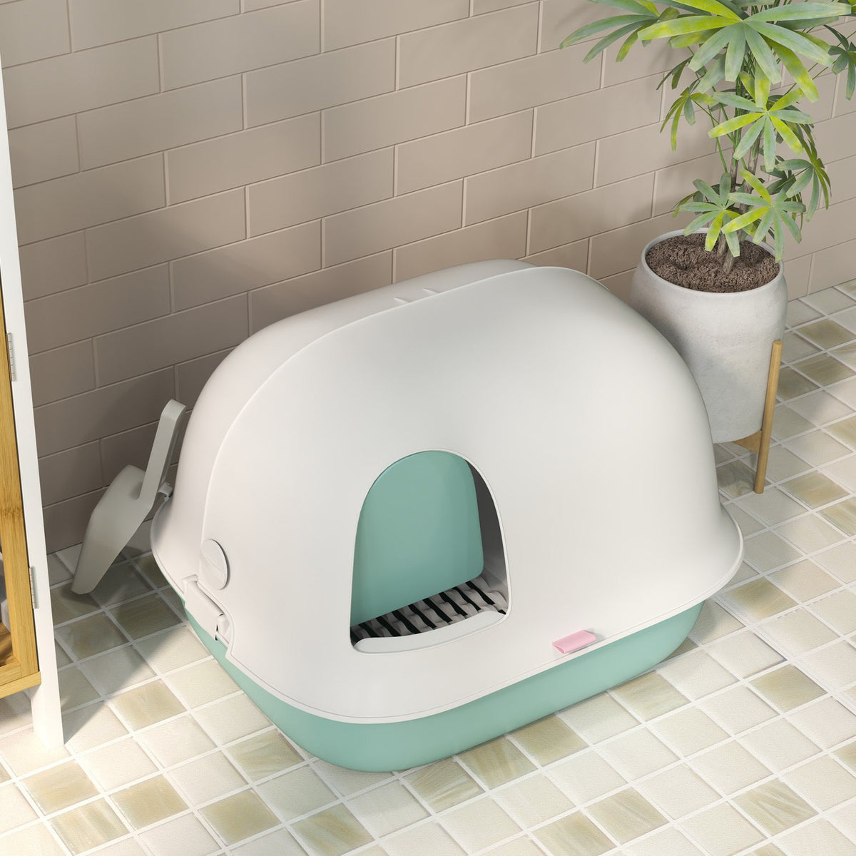Cat toilet with lid, cat litter box with sieve, door, shovel, closed cat toilet house for small cats under 3.5 kg, indoor, plastic, green