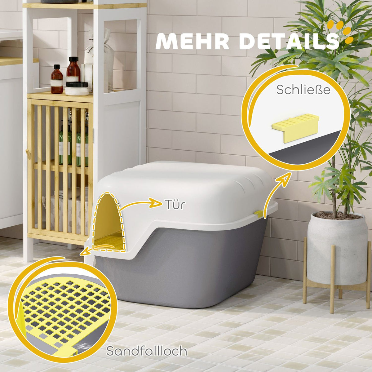 Cat toilet with lid, cat litter box with sieve, scoop, closed cat toilet house for small cats under 3.5 kg, indoor, plastic, cream white