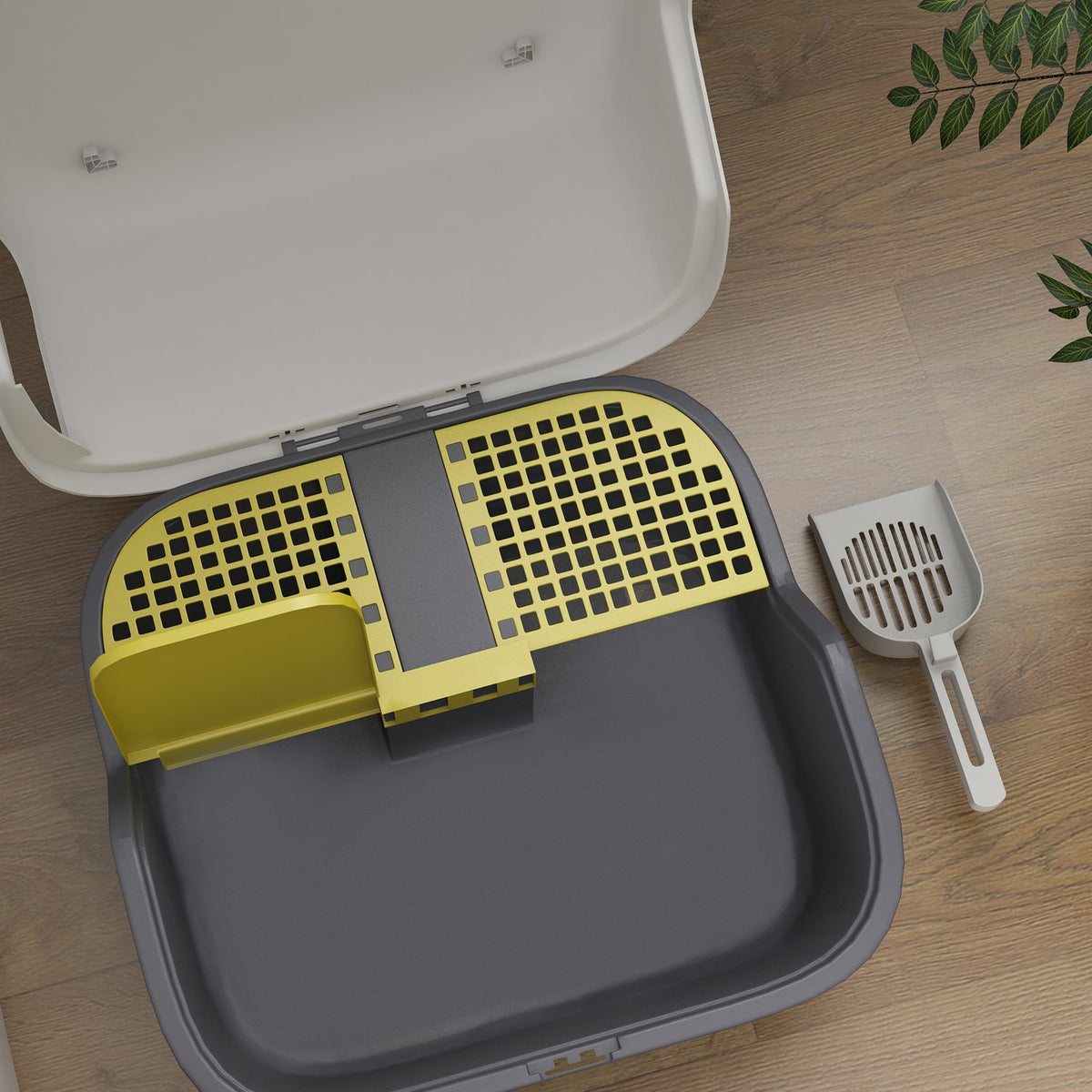 Cat toilet with lid, cat litter box with sieve, scoop, closed cat toilet house for small cats under 3.5 kg, indoor, plastic, cream white
