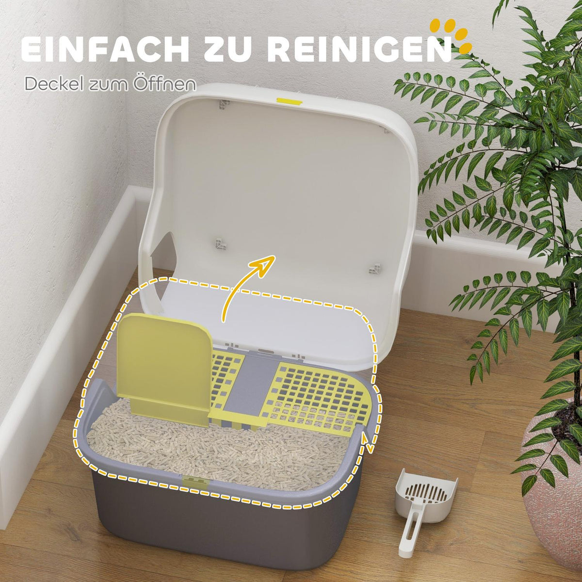 Cat toilet with lid, cat litter box with sieve, scoop, closed cat toilet house for small cats under 3.5 kg, indoor, plastic, cream white