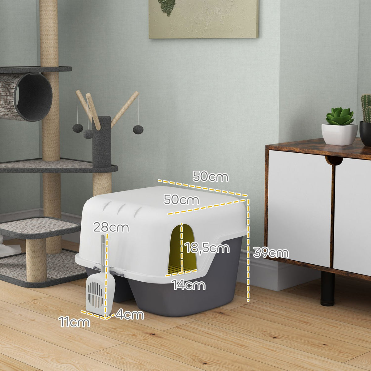 Cat toilet with lid, cat litter box with sieve, scoop, closed cat toilet house for small cats under 3.5 kg, indoor, plastic, cream white