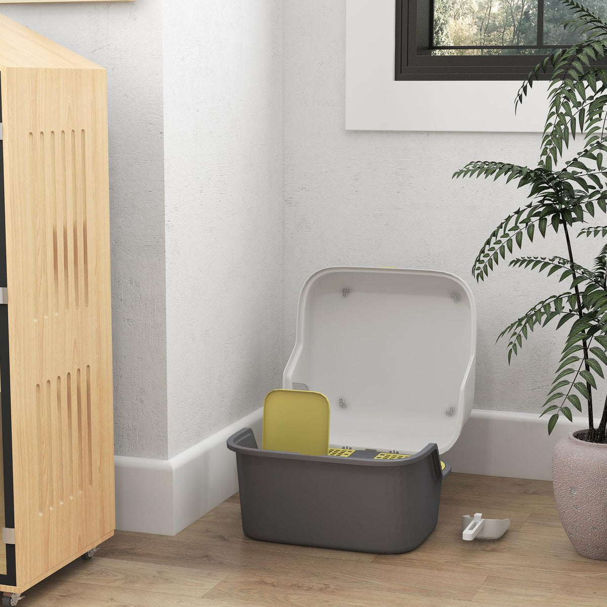 Cat toilet with lid, cat litter box with sieve, scoop, closed cat toilet house for small cats under 3.5 kg, indoor, plastic, cream white