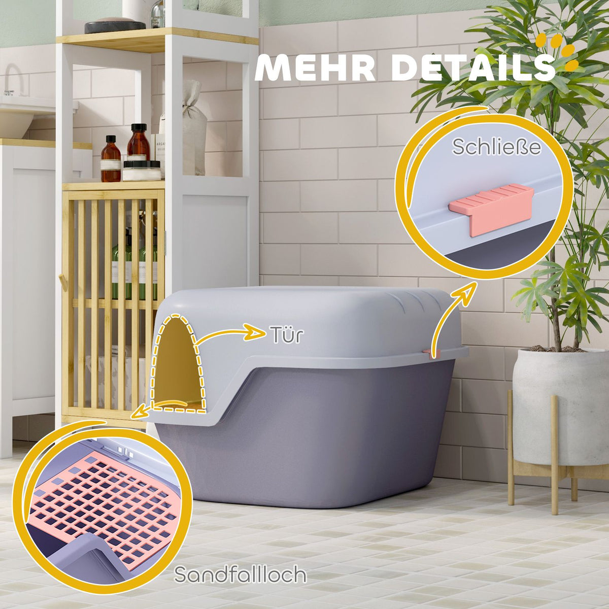 Cat toilet with lid, cat litter box with sieve, scoop, closed cat toilet house for small cats under 3.5 kg, indoor, plastic, purple