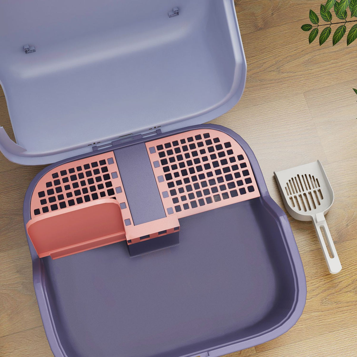 Cat toilet with lid, cat litter box with sieve, scoop, closed cat toilet house for small cats under 3.5 kg, indoor, plastic, purple