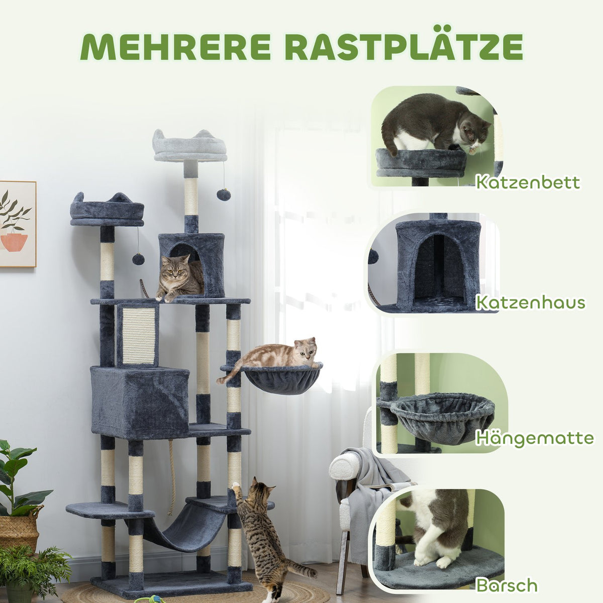 Cat tree 206 cm cat tower with cave, 2 play balls, sisal posts, platform for large cats, dark grey