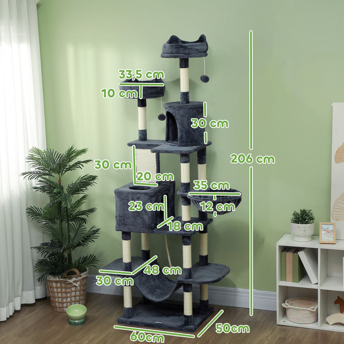 Cat tree 206 cm cat tower with cave, 2 play balls, sisal posts, platform for large cats, dark grey