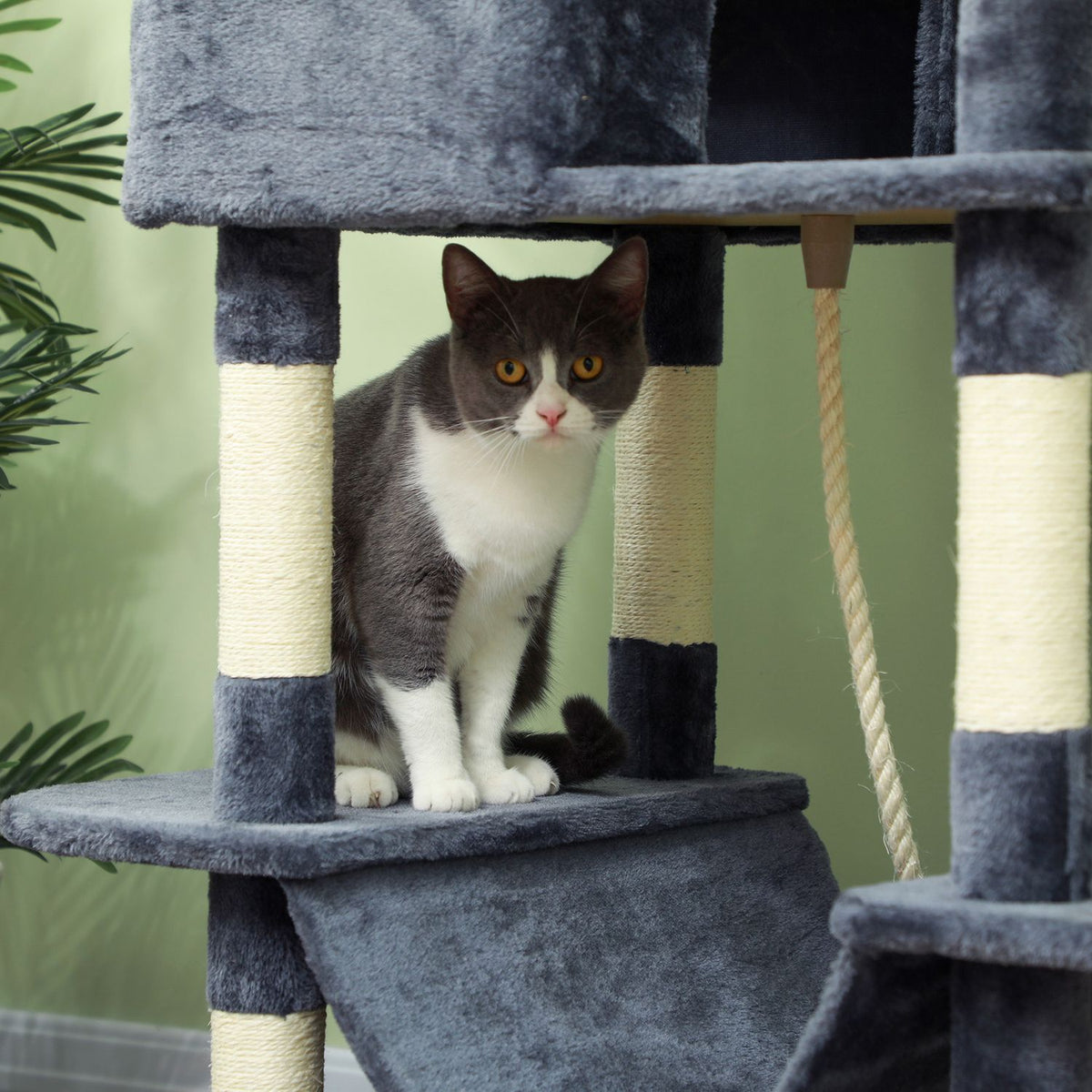 Cat tree 206 cm cat tower with cave, 2 play balls, sisal posts, platform for large cats, dark grey