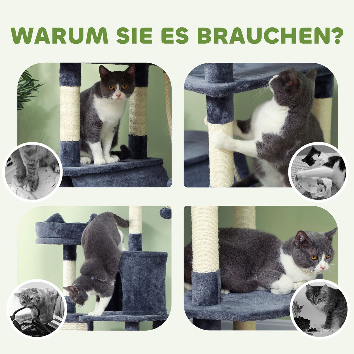 Cat tree 206 cm cat tower with cave, 2 play balls, sisal posts, platform for large cats, dark grey