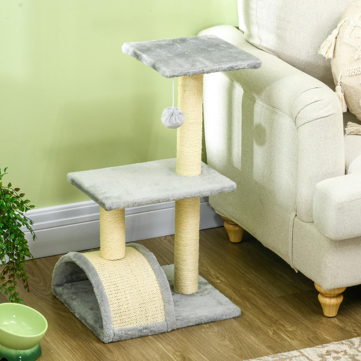 Cat tree 72 cm cat tower with plush balls, sisal posts, platform, scratching board light grey