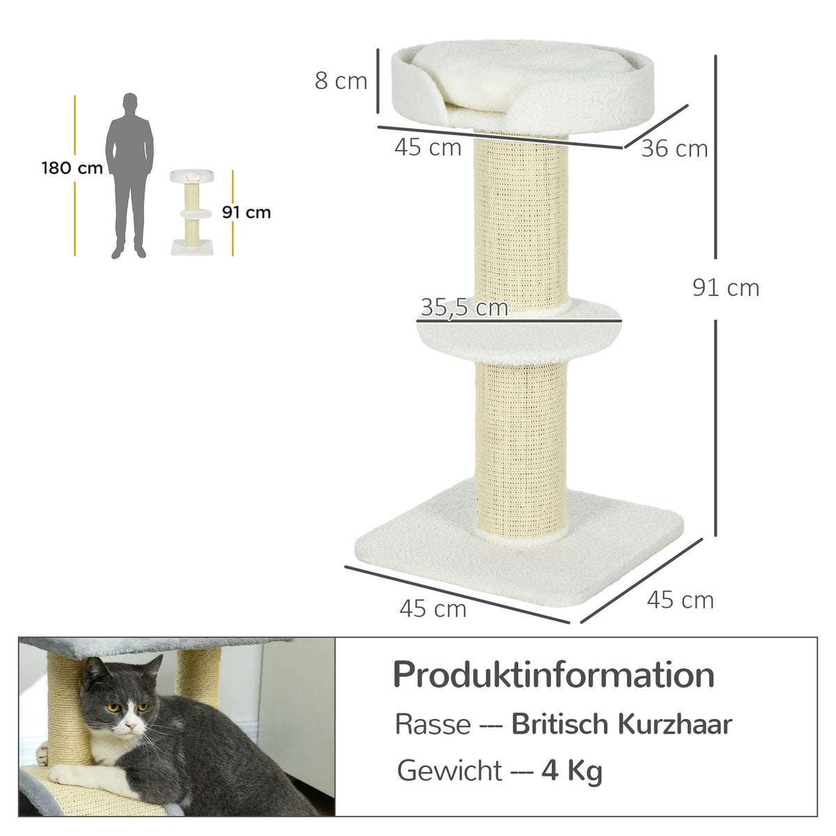 Cat tree 91cm play tree with cat bed, platform lambswool cream