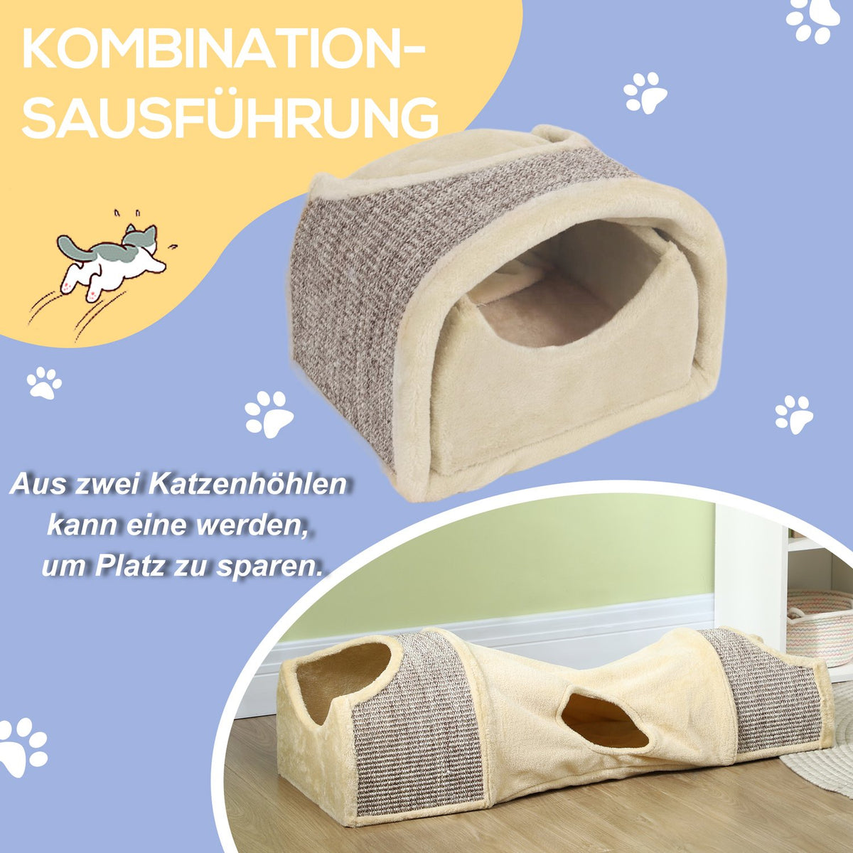 Cat tunnel play tunnel with 2 houses, 3 openings, foldable animal tunnel for cats up to 6 kg, indoor, beige