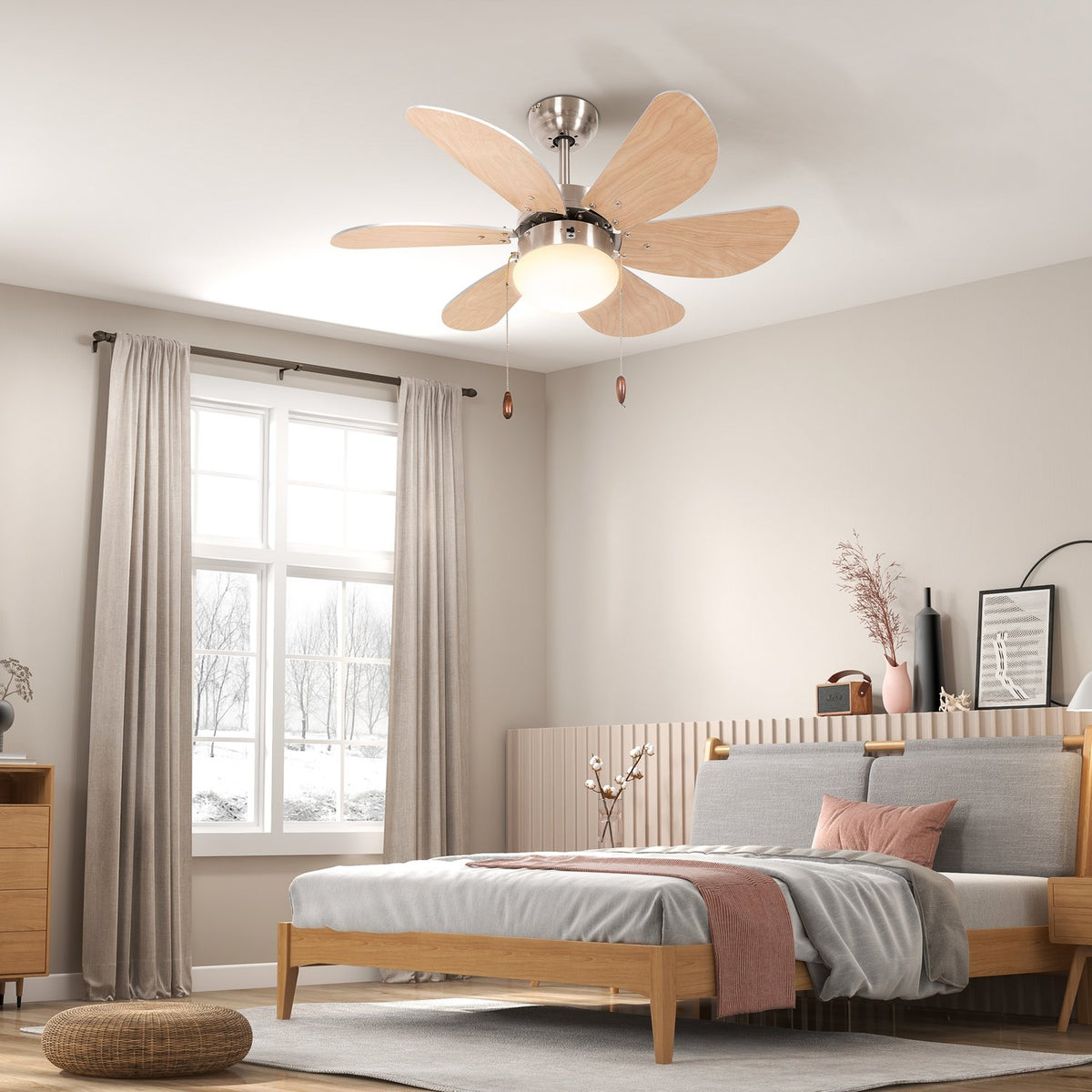 Ceiling Fan With Led Lighting 16W Ceiling Lamp With Fan Pendant Light 6 Reversible Blades For Living Room Beech