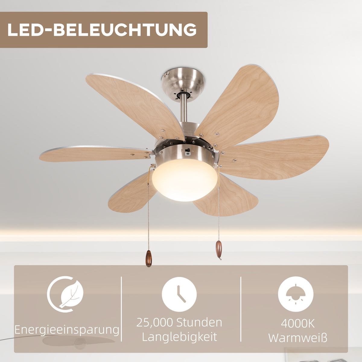 Ceiling Fan With Led Lighting 16W Ceiling Lamp With Fan Pendant Light 6 Reversible Blades For Living Room Beech