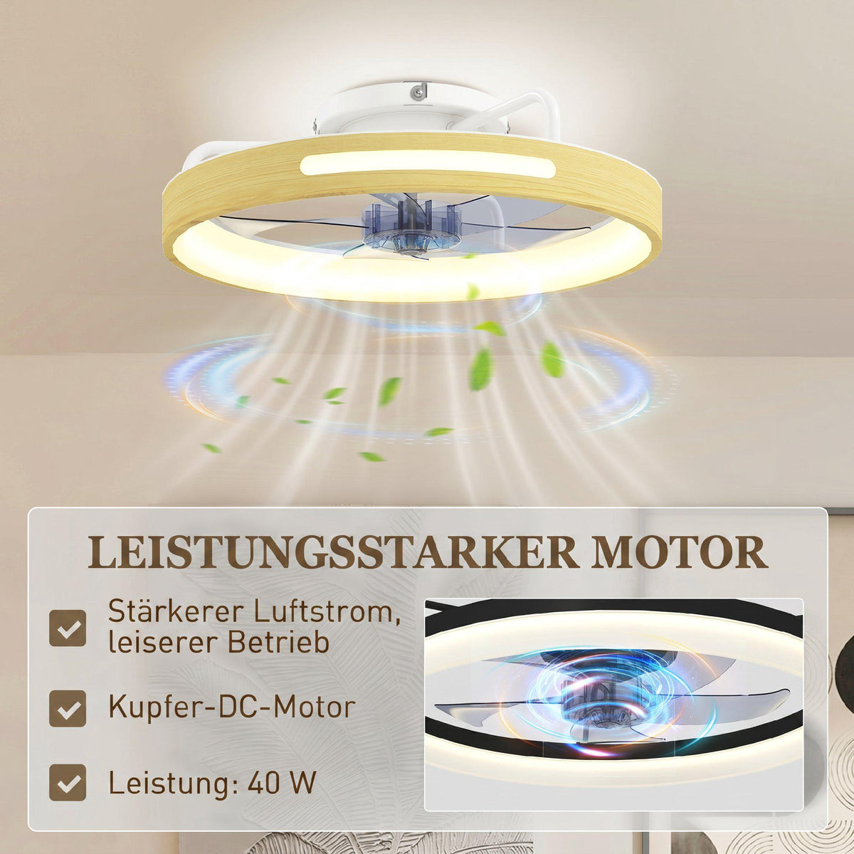 Ceiling Fan with Light, Remote, 49 cm, 3 Color Temps, Wood Finish
