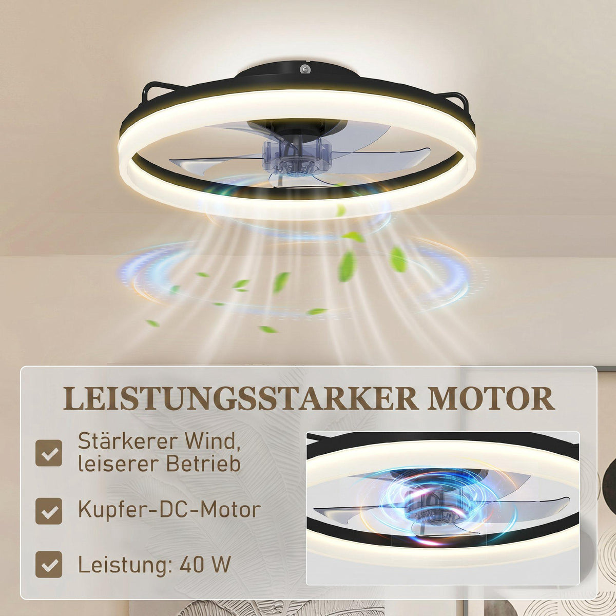 Ceiling Fan with Light, Remote, 50cm, 3 Colors, 6 Speeds