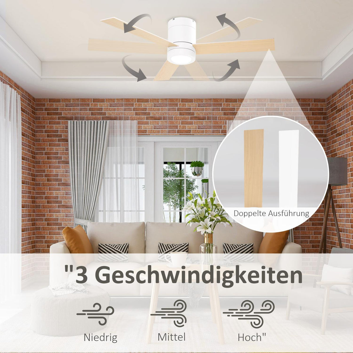 Ceiling Fan with Lighting, Remote Control, 48W Ceiling Light with Fan, 112cm Quiet Dimmable Ceiling Lamp with Timer, 3 Speeds, for Living Room, Bedroom and Dining Room, White