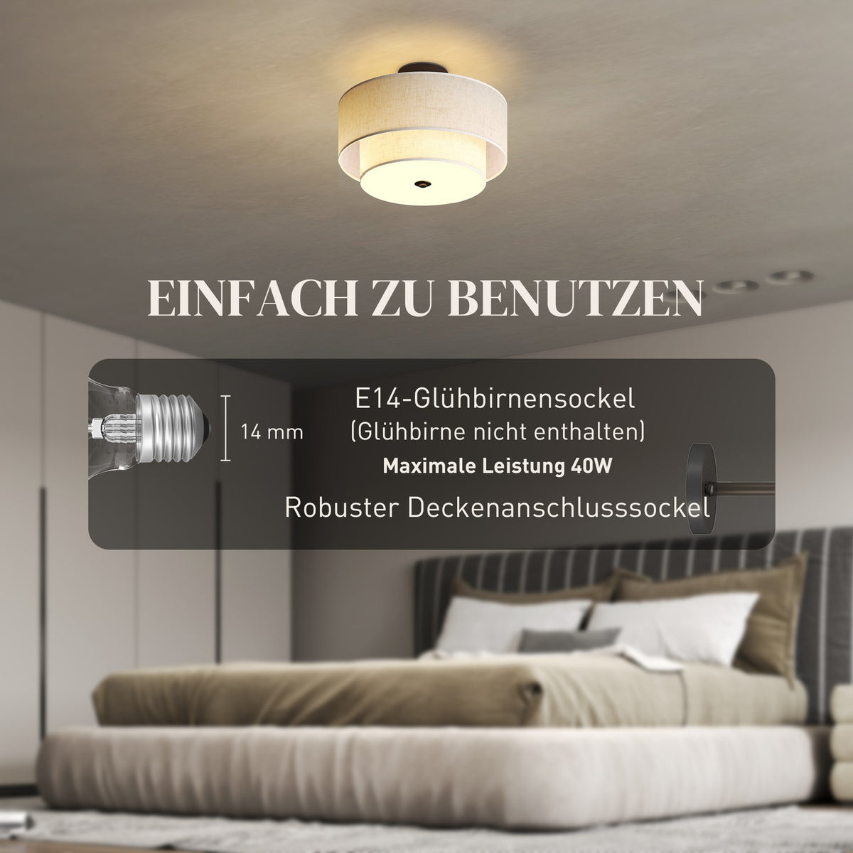 Ceiling Light with Double Linen Shades, Cream White