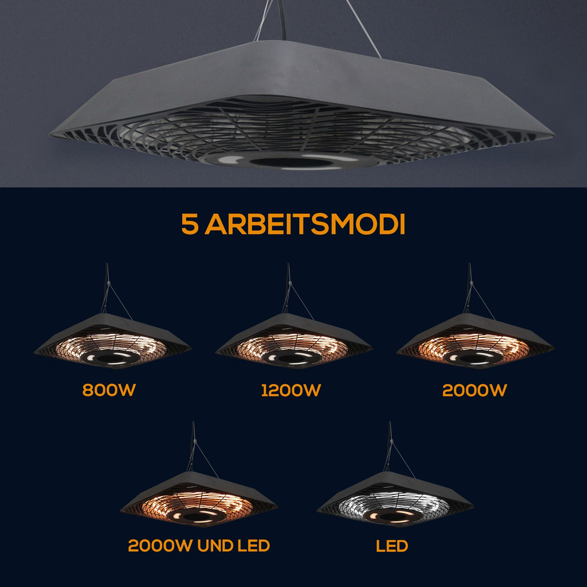 Ceiling heater 800W/1200W/2000W, 5 modes heater, IP45, electric patio heater with remote control, aluminum, glass, black, 45x45x10cm