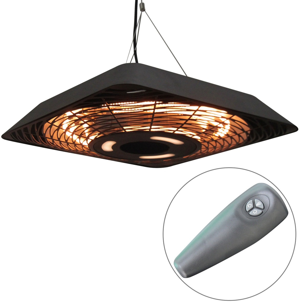 Ceiling heater 800W/1200W/2000W, 5 modes heater, IP45, electric patio heater with remote control, aluminum, glass, black, 45x45x10cm