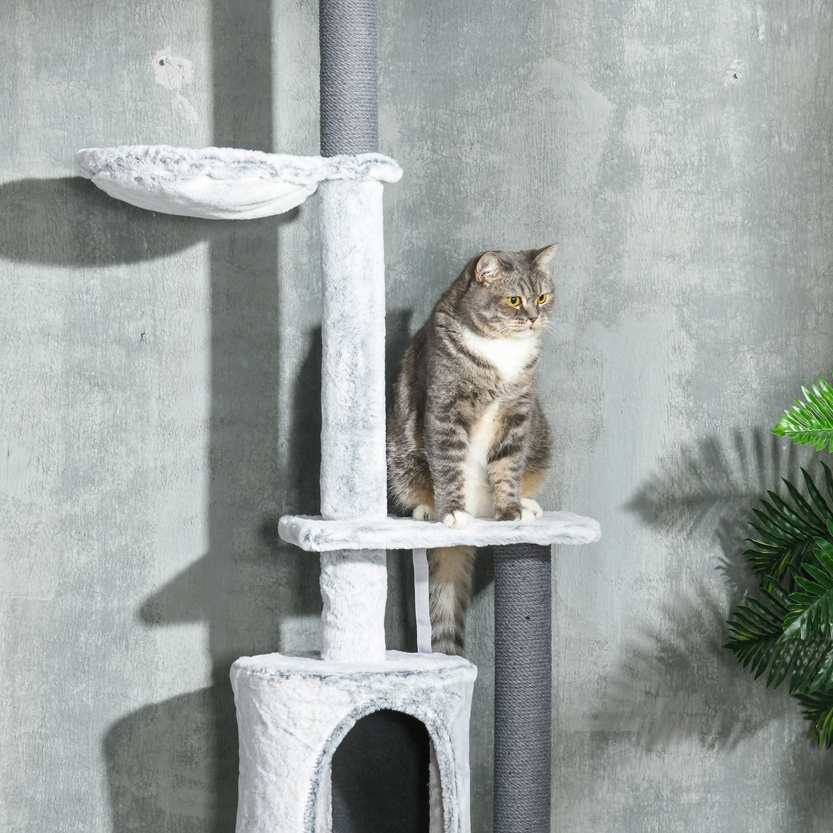Ceiling-high scratching post, height adjustable, 2.25-2.55H m, with anti-tip protection, cat scratching post with cat cave, scratching posts, play ball, gray
