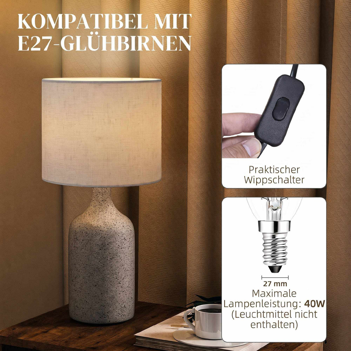 Ceramic Table Lamp with Linen Shade, Sand & Beige, 22x45 cm