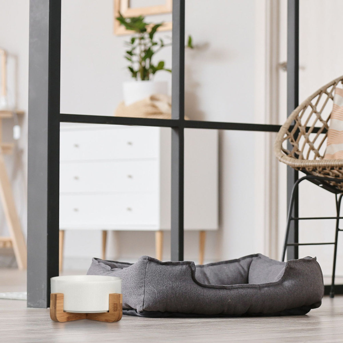 Ceramic dog bowl with bamboo frame