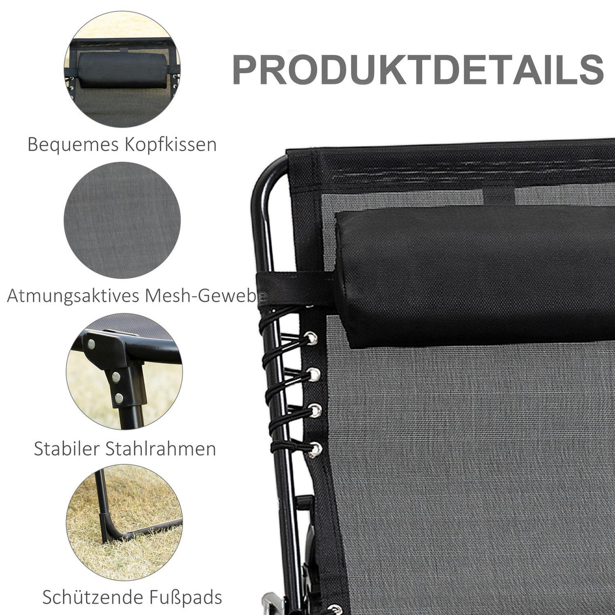 Chaise longue folding sun lounger deck chair with adjustable backrest 5 positions removable headrest side pocket textile cover steel frame 185 x 58 x 30 cm black
