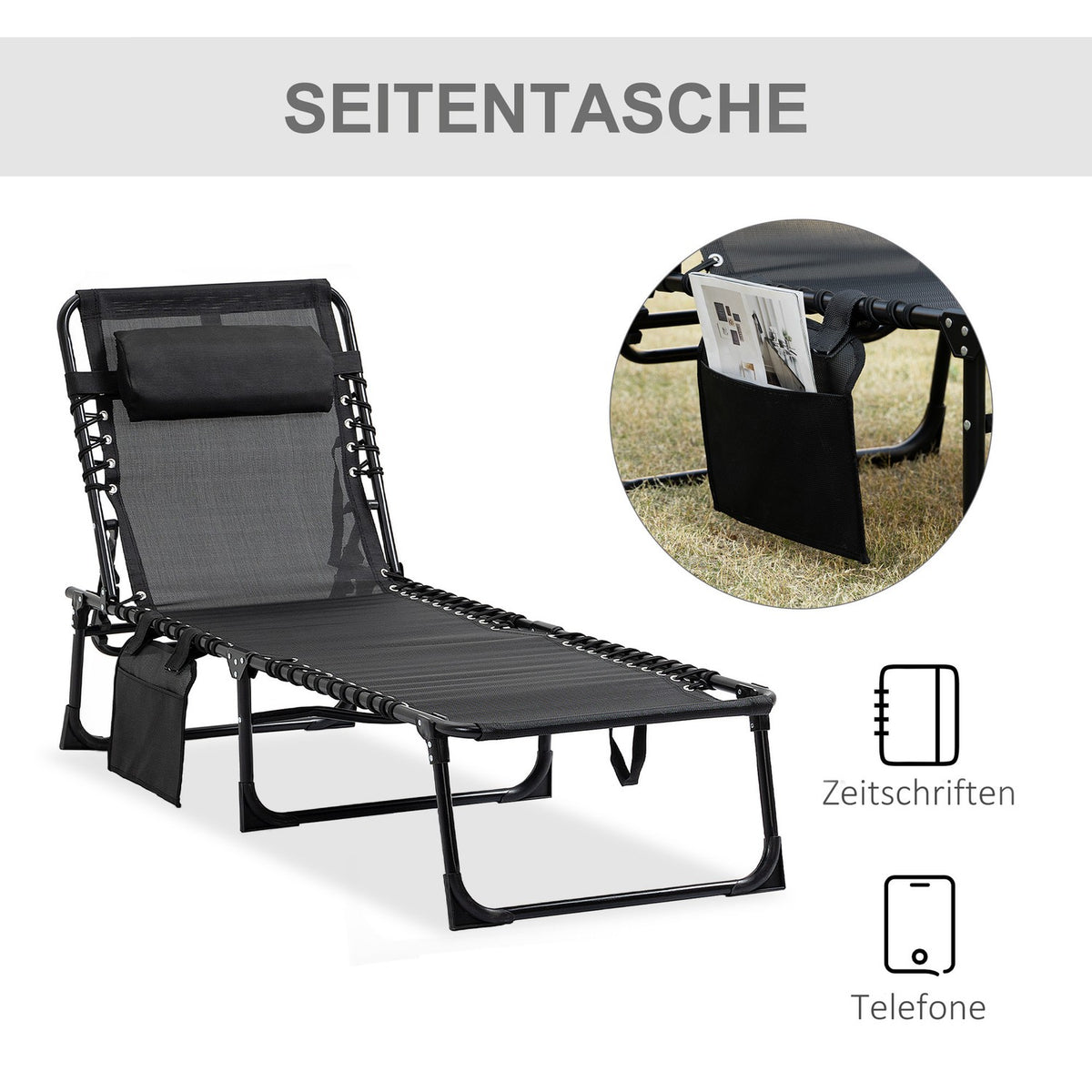 Chaise longue folding sun lounger deck chair with adjustable backrest 5 positions removable headrest side pocket textile cover steel frame 185 x 58 x 30 cm black