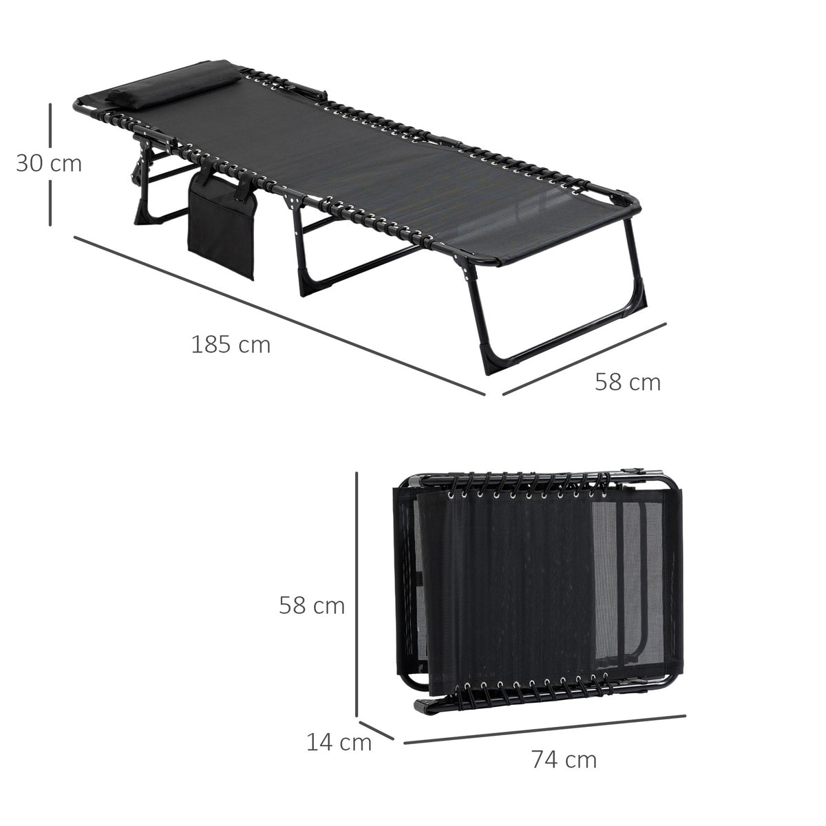 Chaise longue folding sun lounger deck chair with adjustable backrest 5 positions removable headrest side pocket textile cover steel frame 185 x 58 x 30 cm black