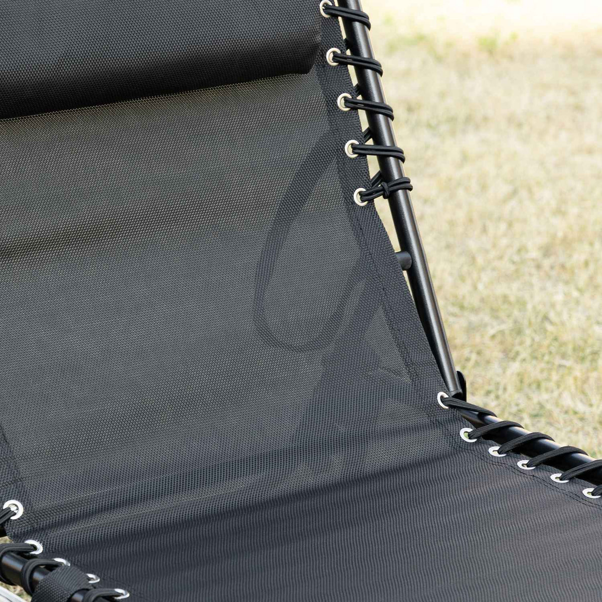 Chaise longue folding sun lounger deck chair with adjustable backrest 5 positions removable headrest side pocket textile cover steel frame 185 x 58 x 30 cm black