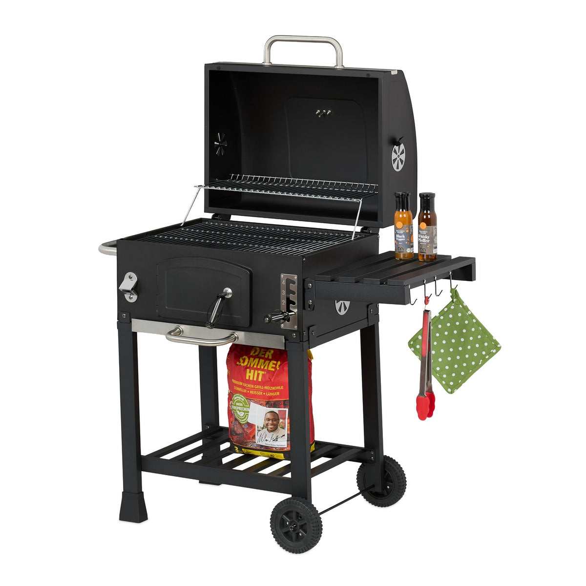 Charcoal BBQ Cart with Lid, Adjustable Tray & Thermometer