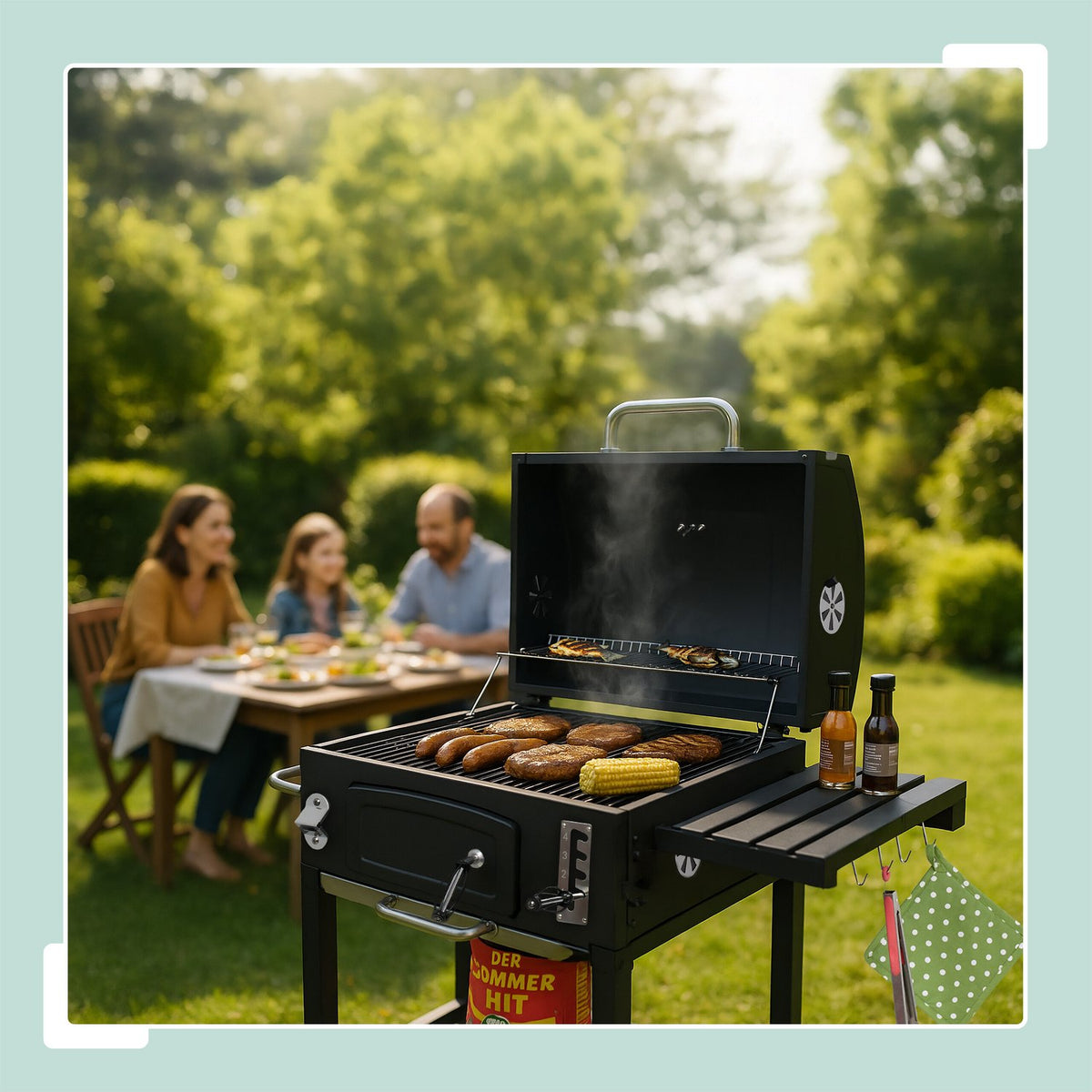 Charcoal BBQ Cart with Lid, Adjustable Tray & Thermometer