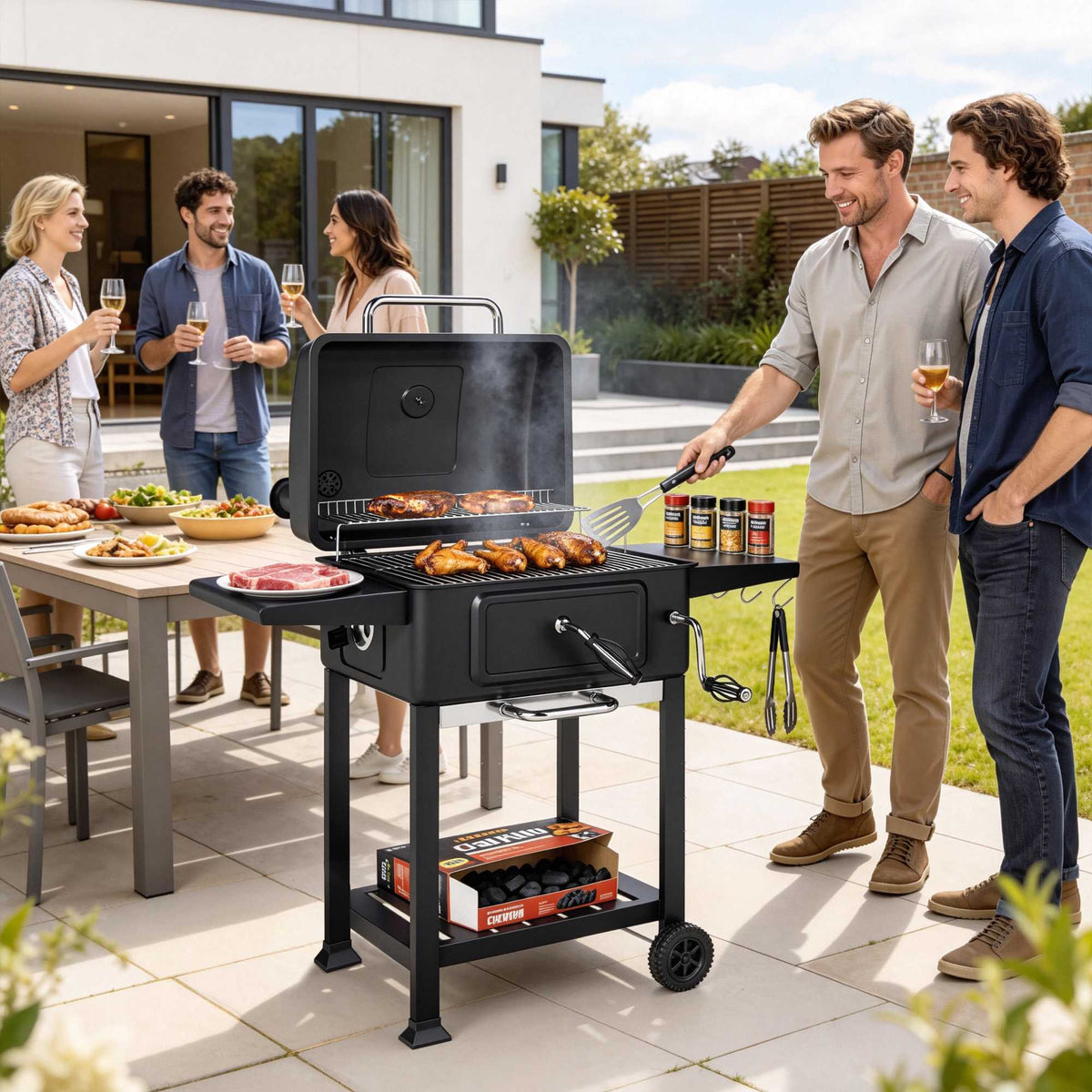 Charcoal BBQ Smoker with Adjustable Coal Pan & Thermometer