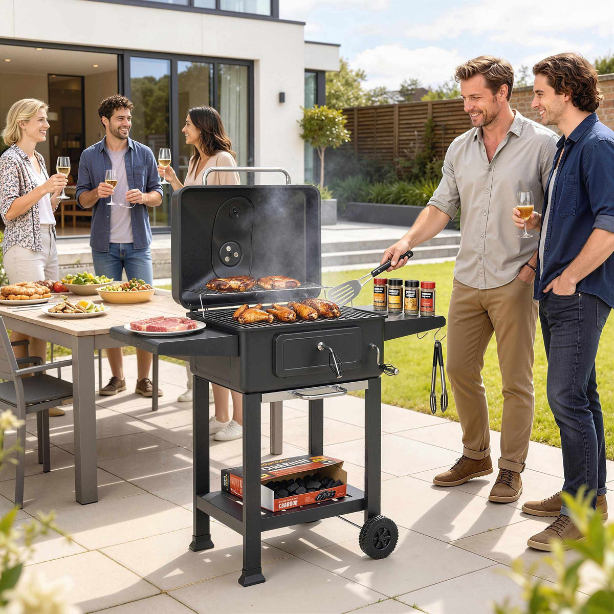 Charcoal BBQ Smoker with Lid Thermometer, Adjustable Grate