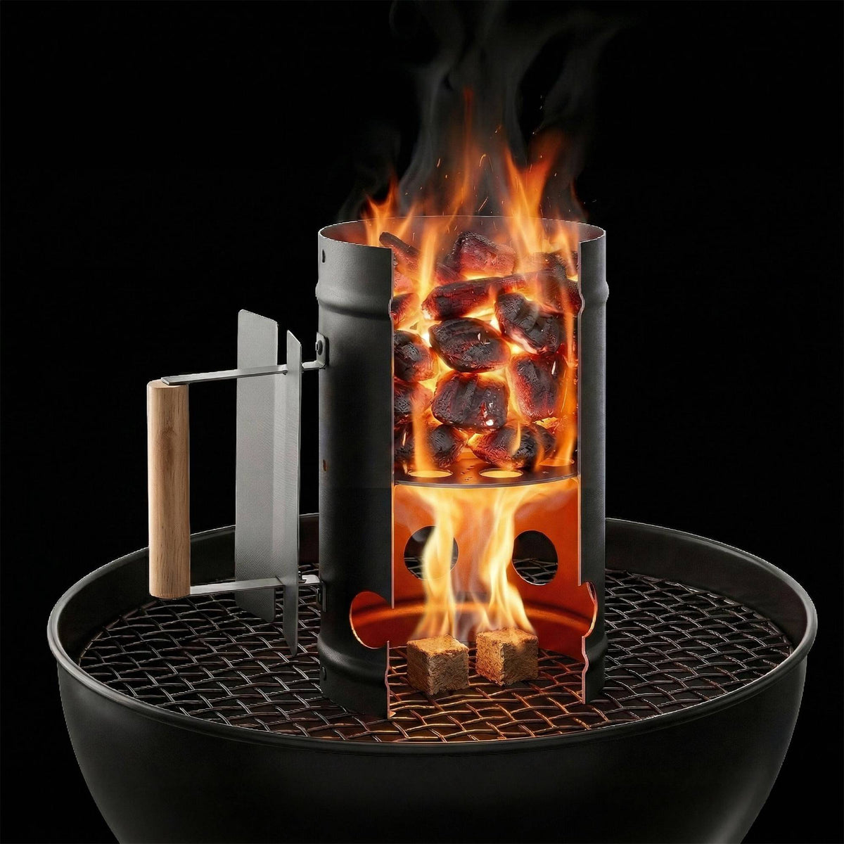 Charcoal Chimney Starter with Wooden Handle, Black
