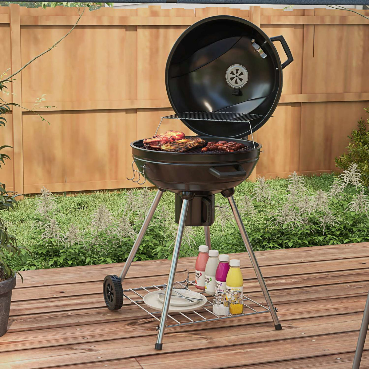 Charcoal Grill, Bbq Camping Grill With Grill Grate, Wheels, Shelf, Ash Catcher, Integrated Thermometer, Metal