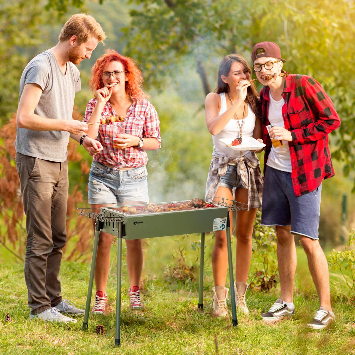 Charcoal Grill Camping Grill With Grill Grate, Grill Grate Clip, Side Baskets, Stainless Steel + Galvanized Metal, Dark Green