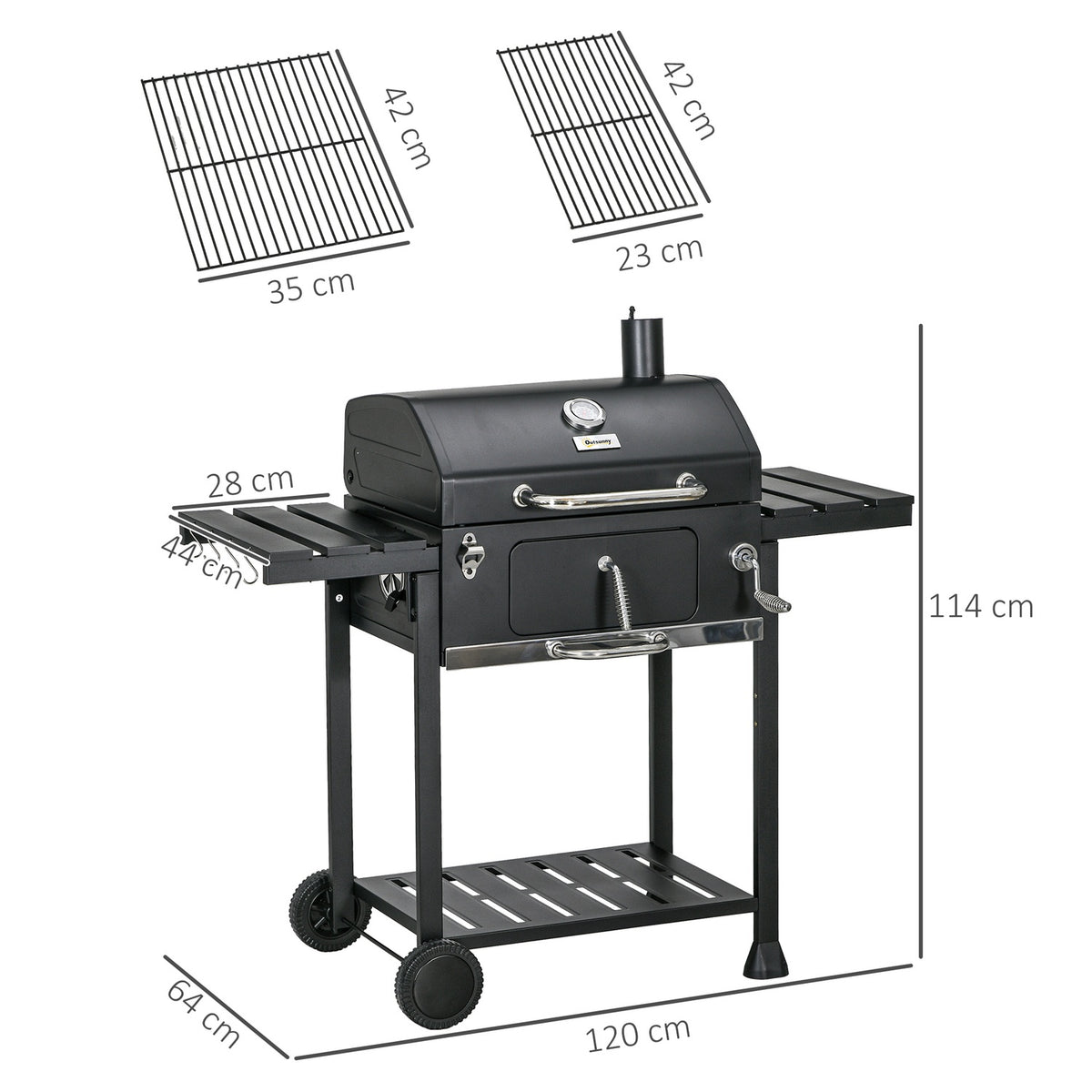 Charcoal Grill Camping Grill With Two Grill Racks, Folding Side Shelf, Grill Cart With Shelf, Handle, Stainless Steel, Black