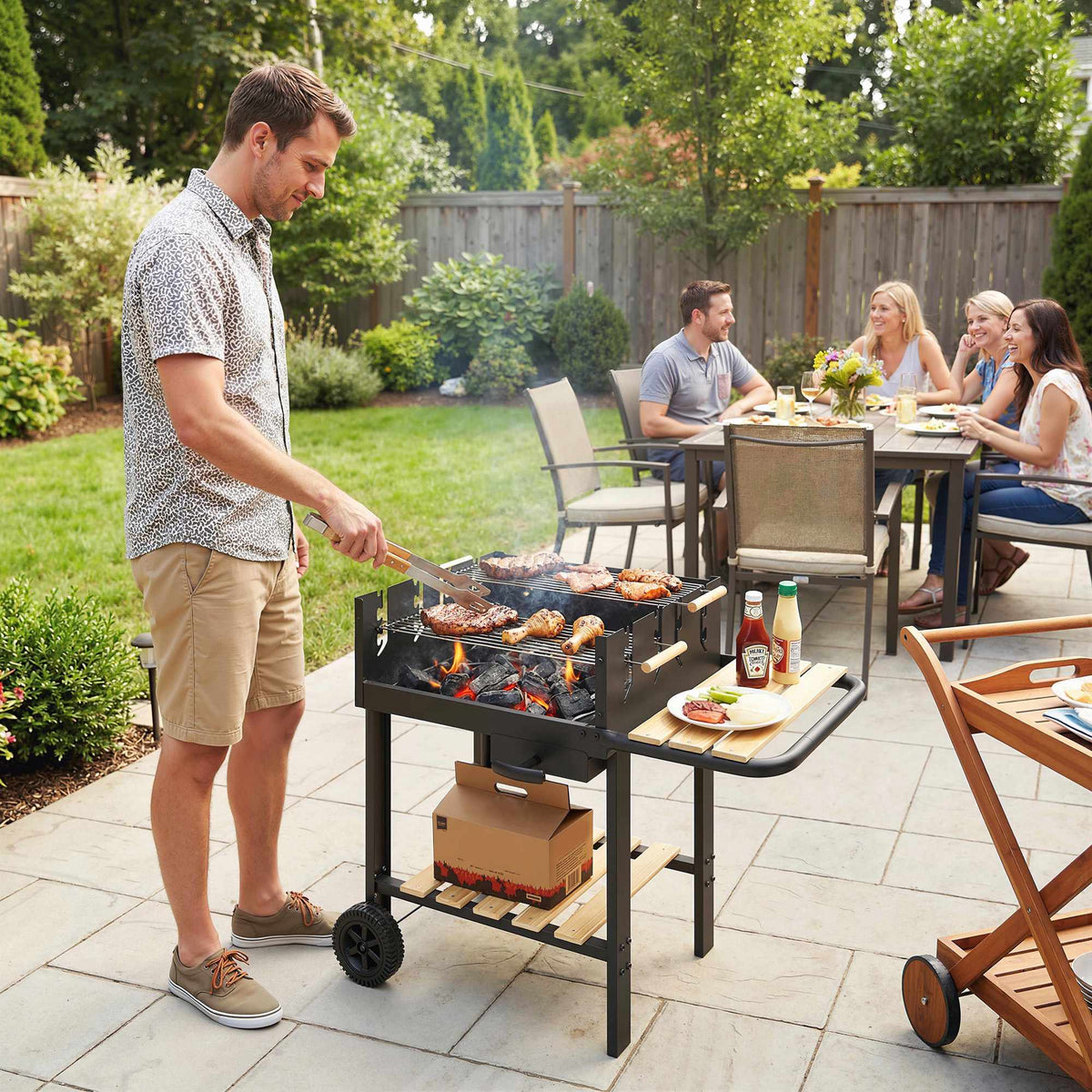 Charcoal Grill Cart with Adjustable Grates, Wood Shelves, Wheels