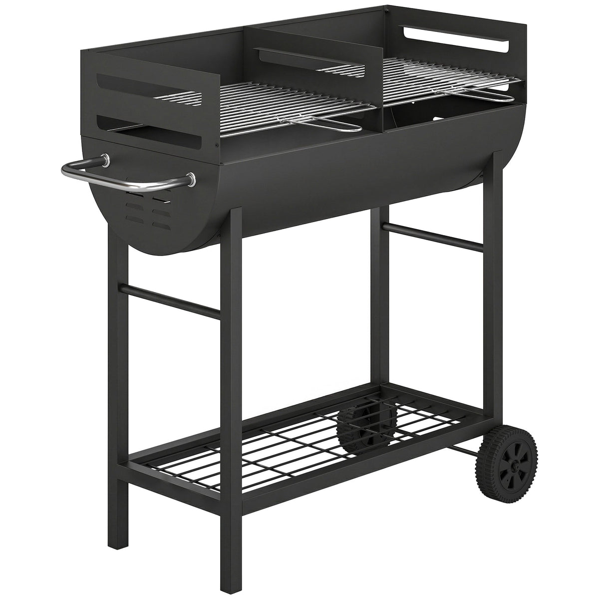 Charcoal Grill Cart with Dual Zones, Adjustable Grates, Wheels