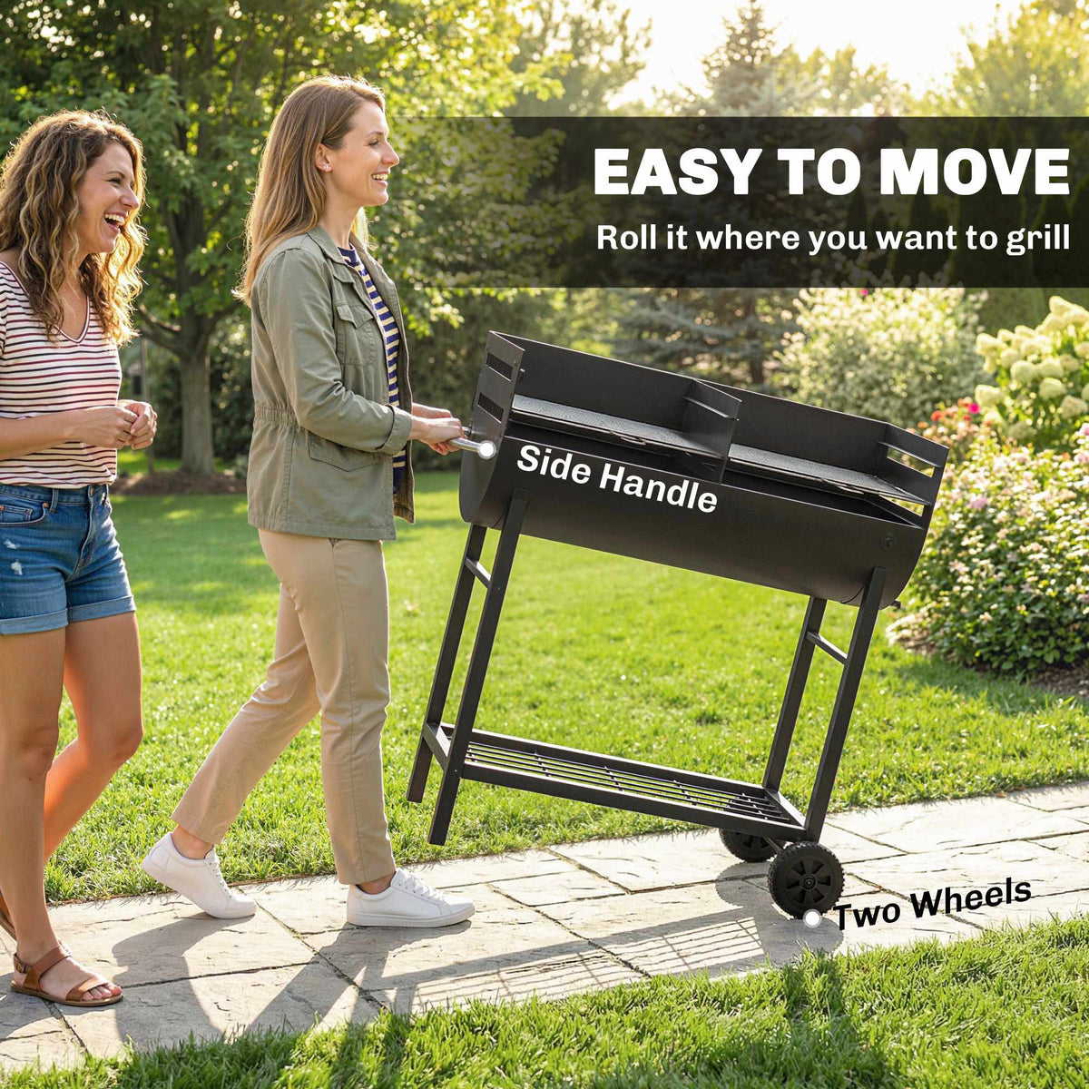 Charcoal Grill Cart with Dual Zones, Adjustable Grates, Wheels