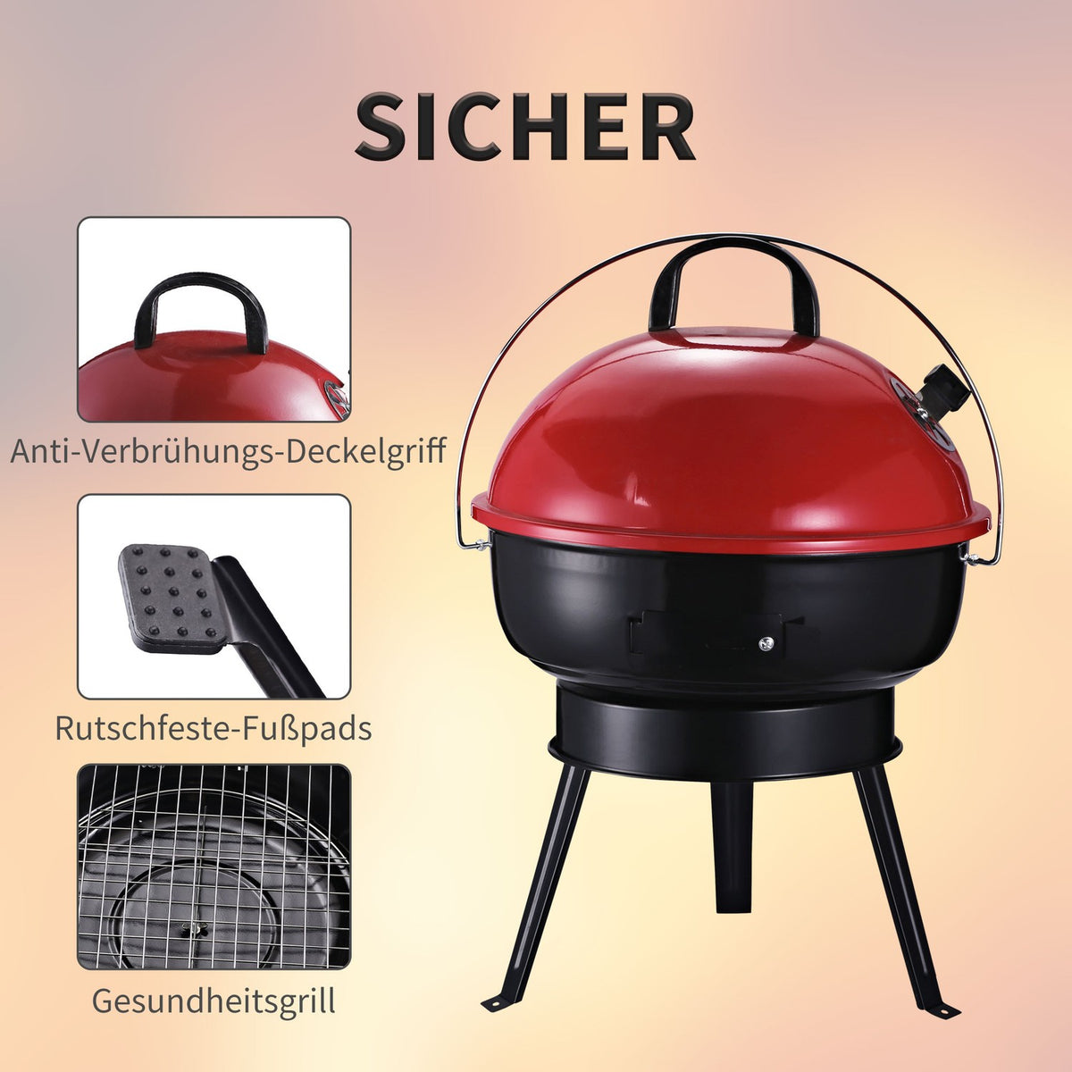 Charcoal Grill Kettle Grill With Wind Protection, Tripod Base, Portable, Metal, Black+Red, Ø36.5X54Cm