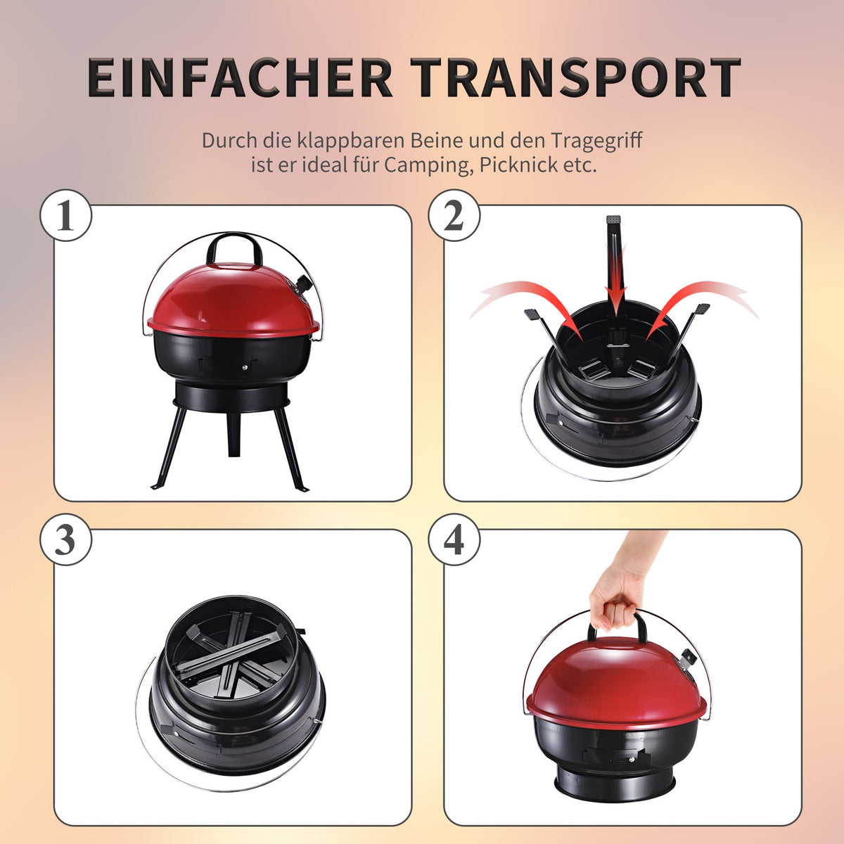 Charcoal Grill Kettle Grill With Wind Protection, Tripod Base, Portable, Metal, Black+Red, Ø36.5X54Cm