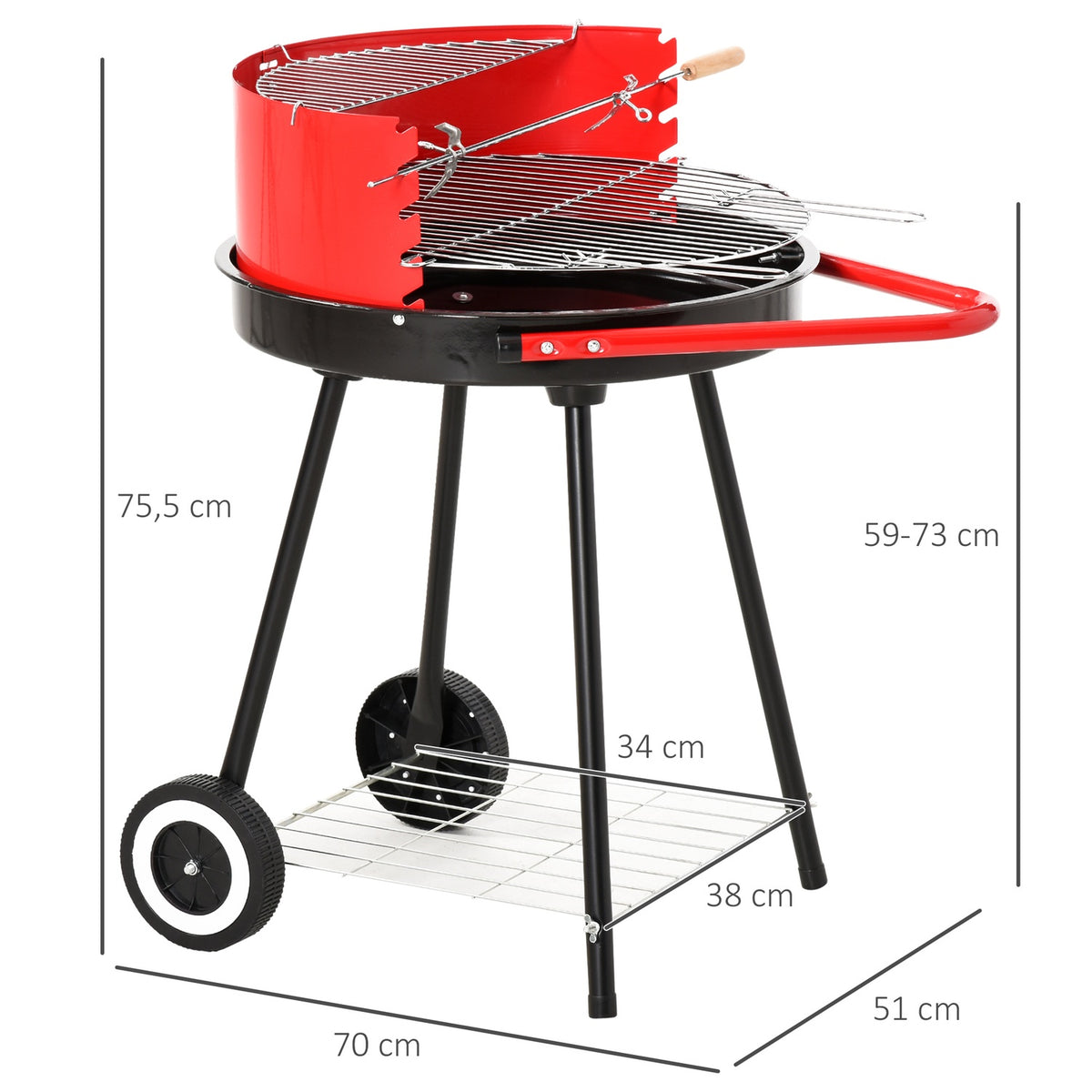 Charcoal Grill Round Grill Standing Grill On Wheels With Grid, Bbq, Red, Metal, L51Xw70Xh75.5Cm