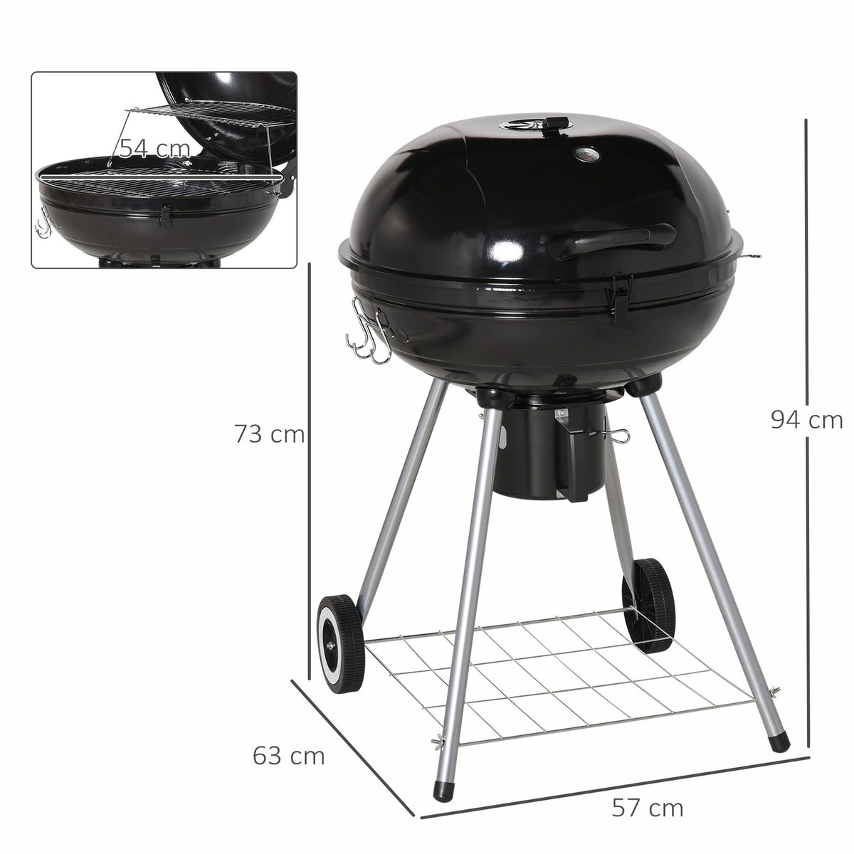 Charcoal Grill Trolley Standing Grill Bbq Round Ash Catcher Metal Black Diameter 57 X 94 Cm