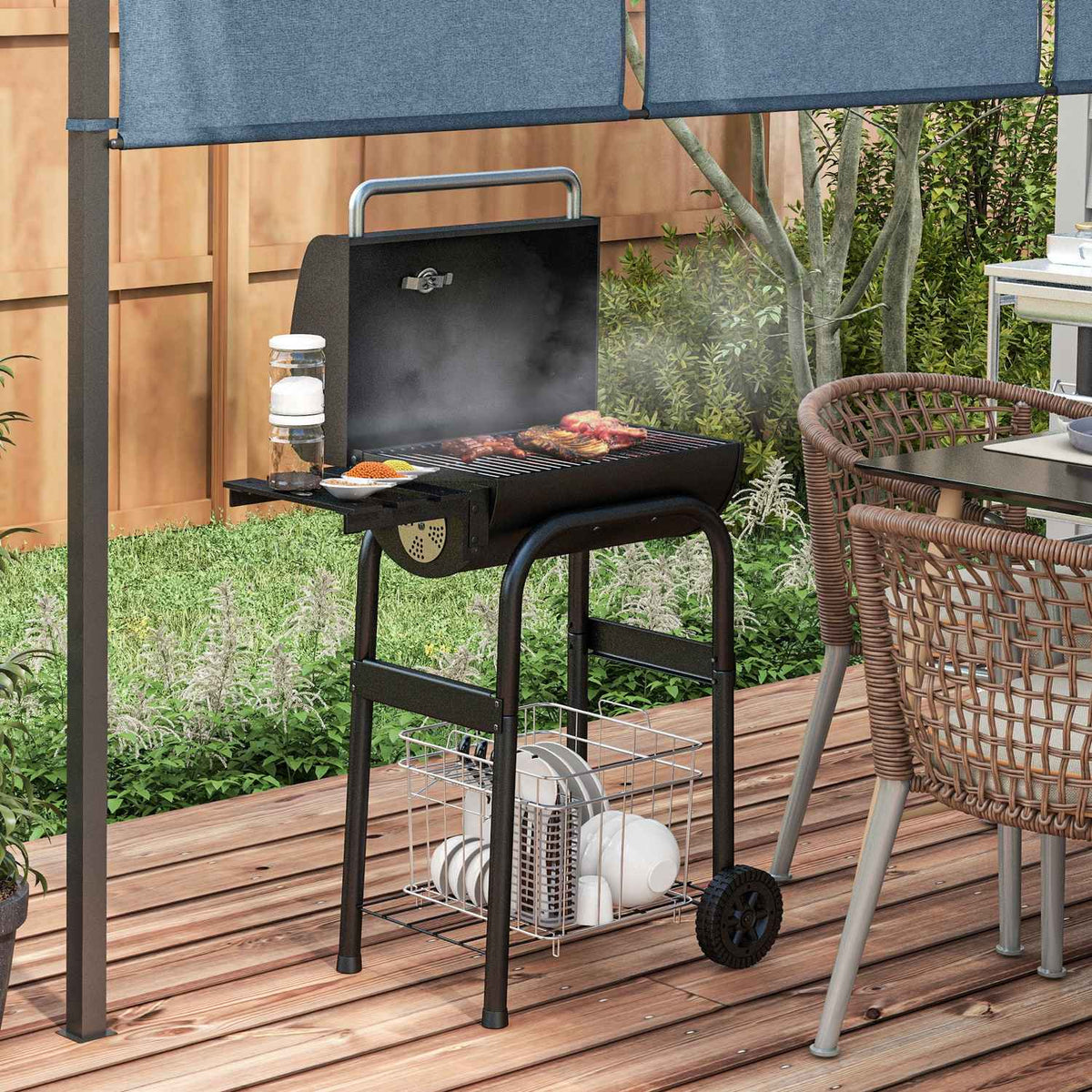 Charcoal Grill Trolley With Lid, Shelves, Wheels, Thermometer, Chimney, Stainless Steel, Black