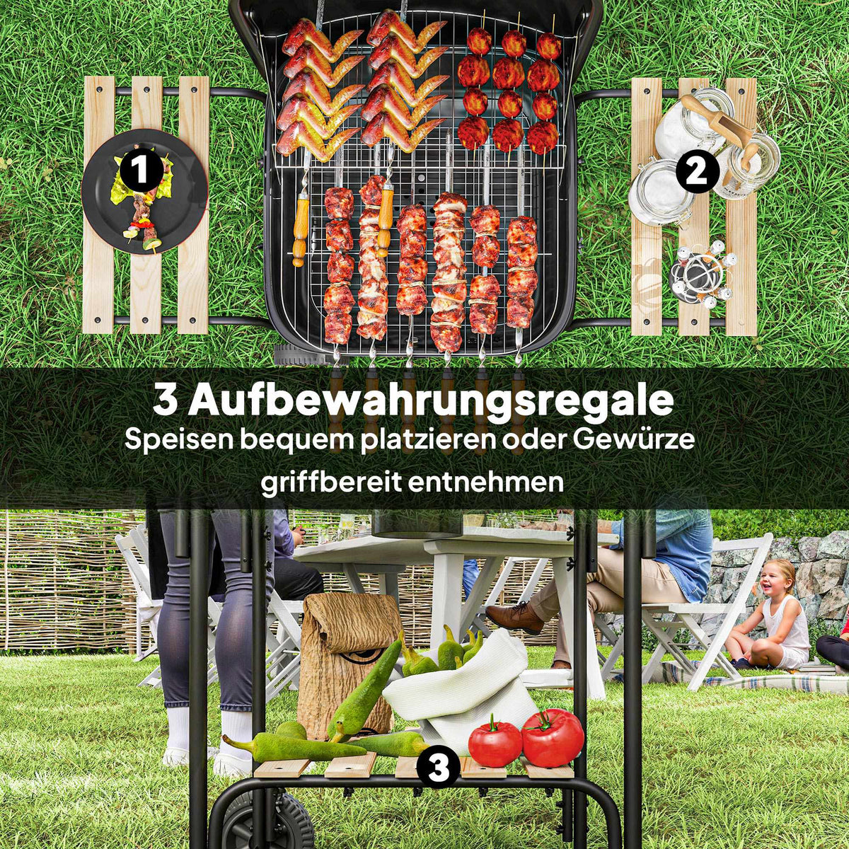 Charcoal Grill with Lockable Lid, Steel Frame, 1840 cm² Cooking Area