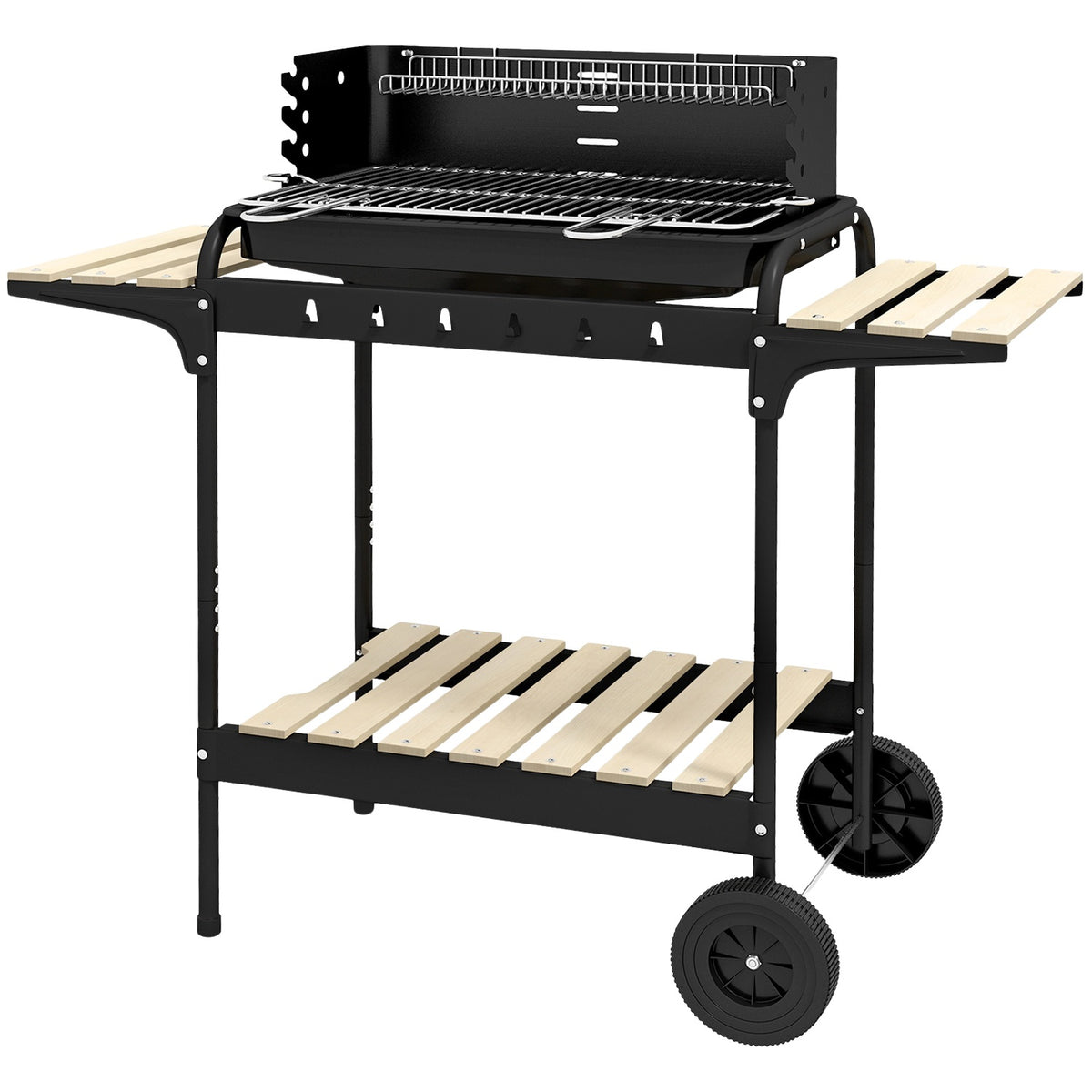 Charcoal grill made of metal BBQ smoker with wheels, height-adjustable grill grate, wooden shelf, mobile grill cart charcoal grill, charcoal grill for barbecue camping, terrace, 103x47x95 cm